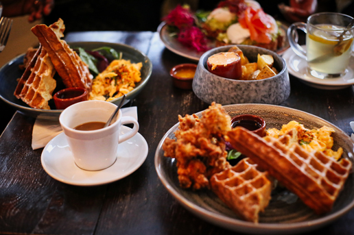 Autumn brunch in the Netherlands with waffles, coffee and seasonal dishes