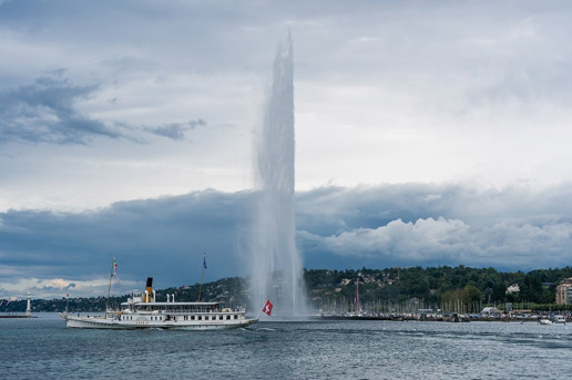 Ethiopian Airlines passengers enjoying summer views of Geneva’s Jet d’Eau fountain on Lake Geneva.